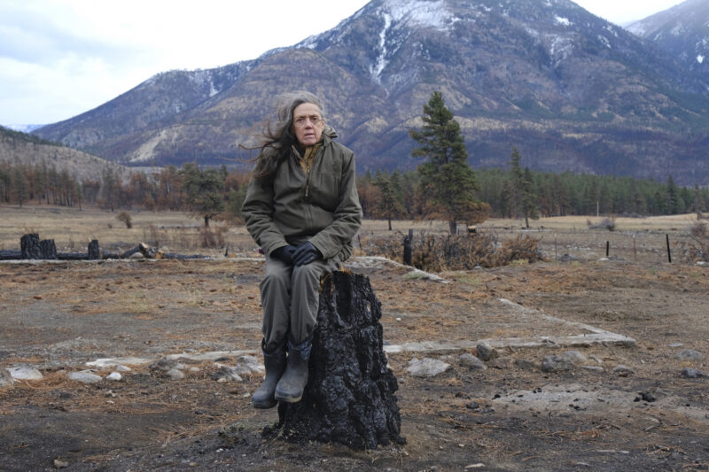 Patsy Geesey sits on a stump that resulted from a tree burning in 2022.